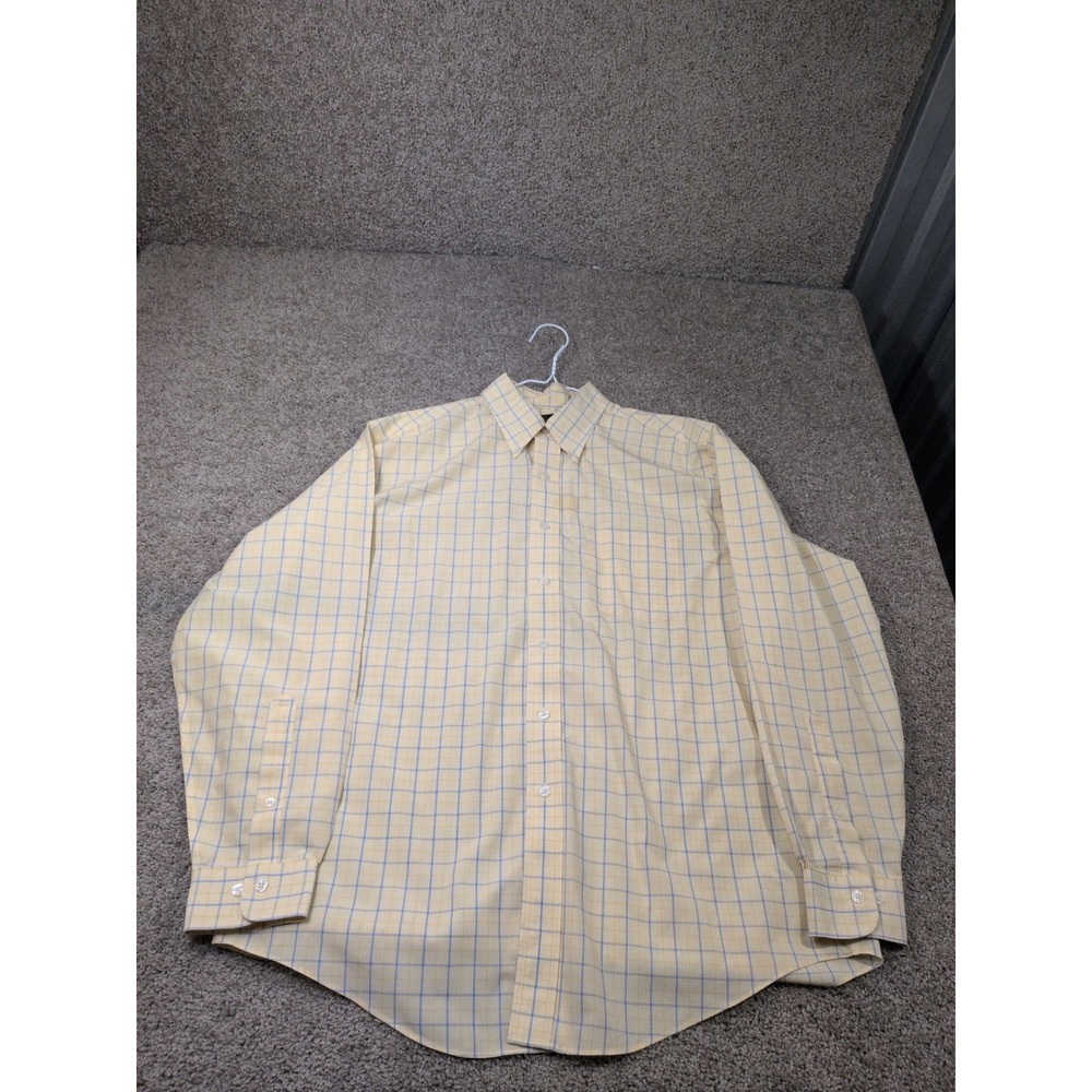 Brooks Brothers Mens Large Yellow Blue Windowpane Check Non-Iron Cotton Shirt